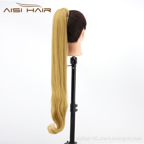 Aisi Hair Vendor Long Straight Curly Wave End Magic Paste Blonde Ponytail Hair Drawstring Synthetic Ponytail Hair Extension